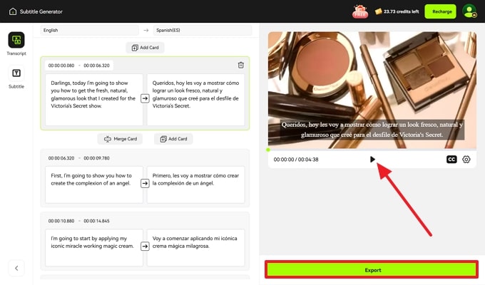 export after previewing generated subtitles
