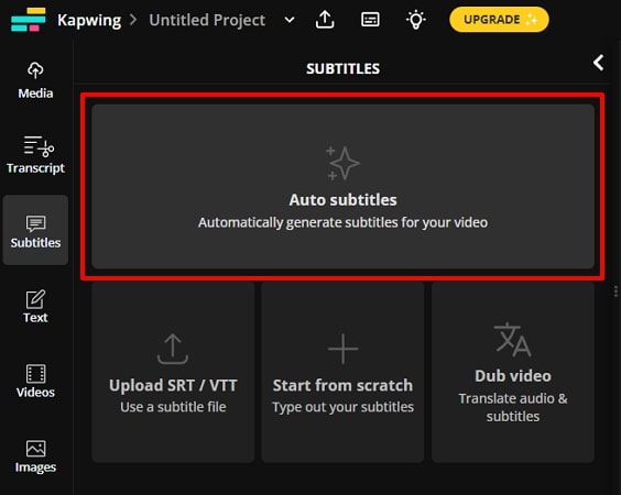 navigate to auto subtitling in kapwing