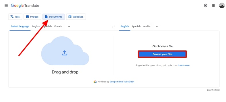 locate documents tab google translate
