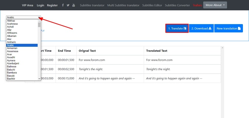 definir la configuración de traducción en el traductor de subtítulos