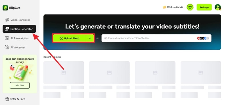 add file to blipcut subtitle generator