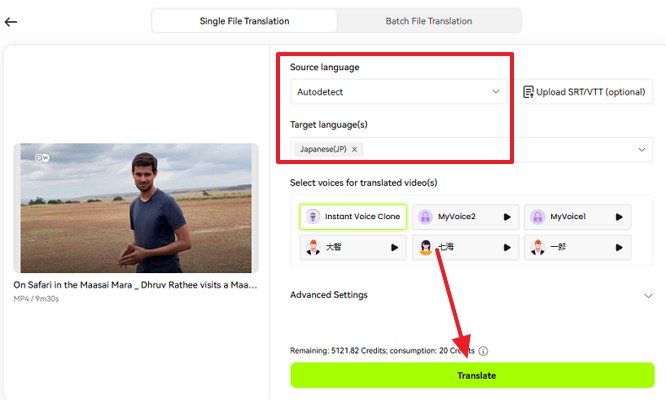 set target and source language video