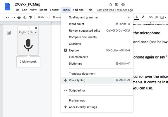 voice typing google docs feature