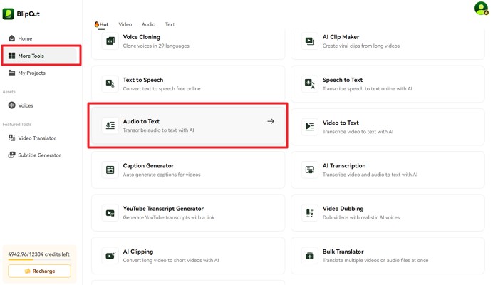 access audio to text blipcut online