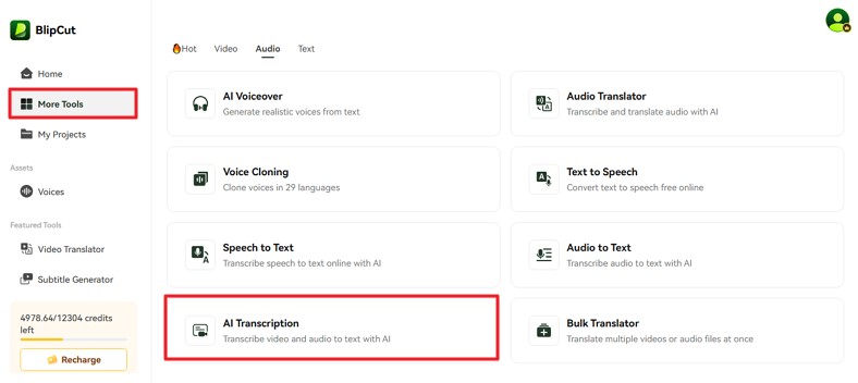 blipcut free transcription tool