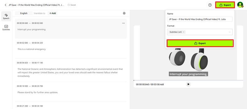 download subtitles transcription file from blipcut