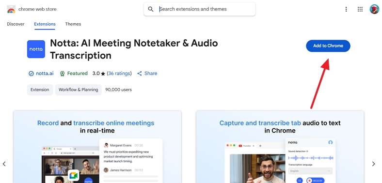 browse and add notta extension