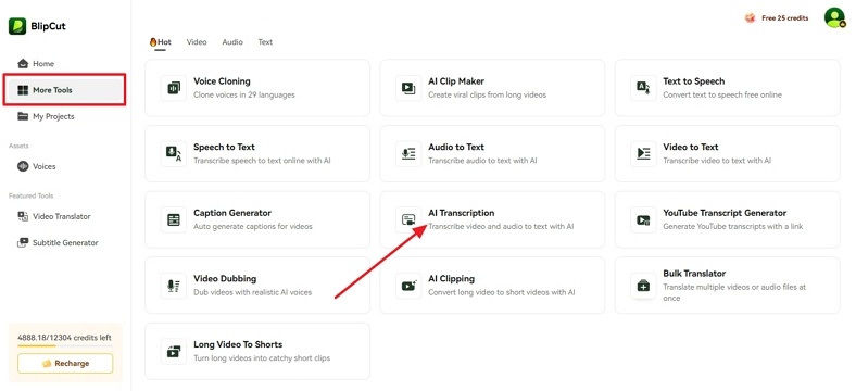 select ai transcription tool in blipcut