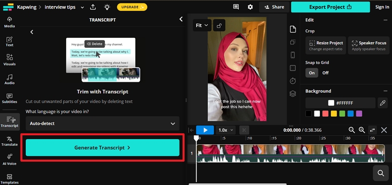 continue to transcribe with kapwing