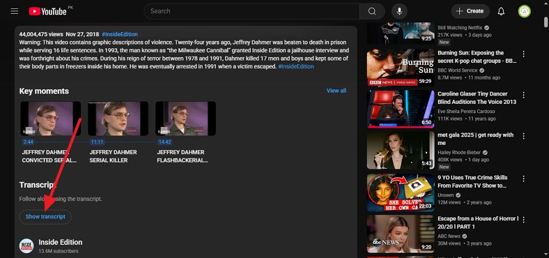 find show transcript on youtube