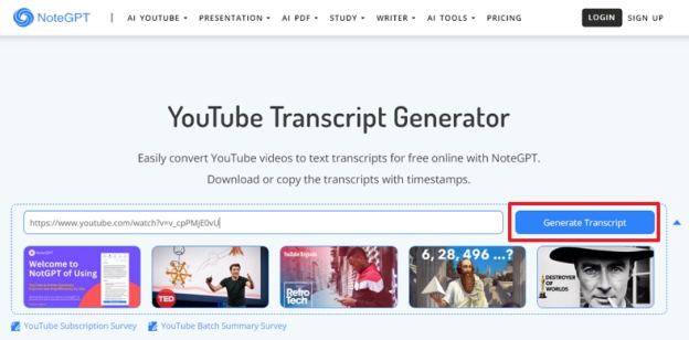 how to search transcript on youtube notegpt