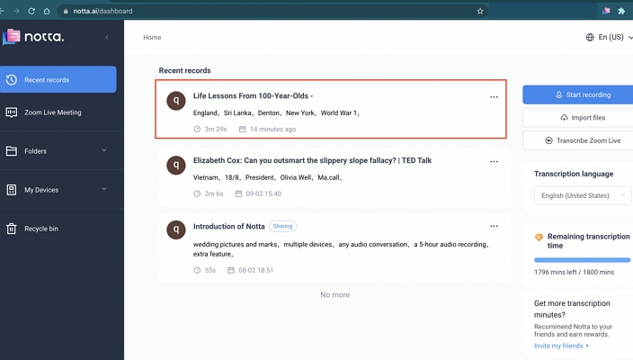 review and export notta transcript