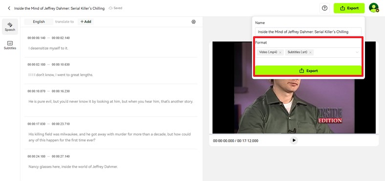 save translated youtube video transcript