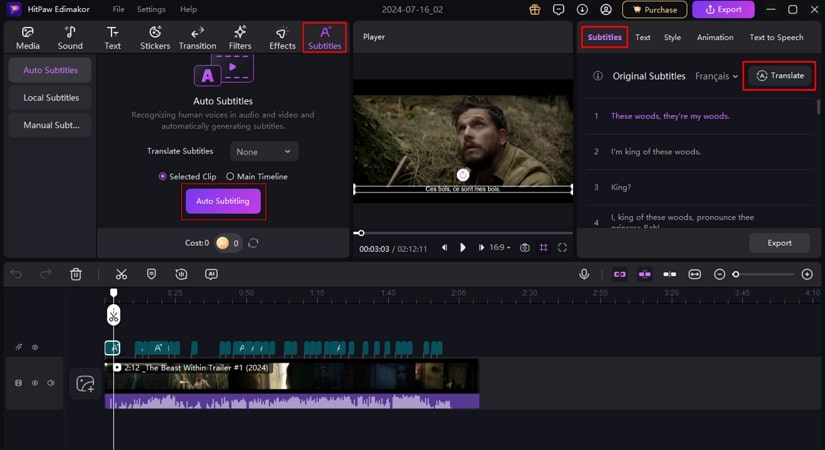 initiate auto subtitling edimakor and translate