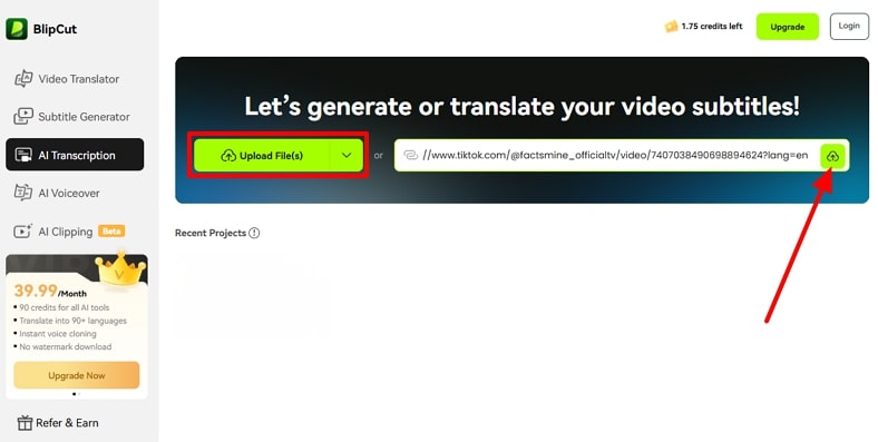 transcribe TikTok video in BlipCut