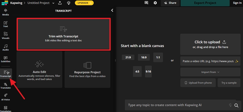 access kapwing transcription feature