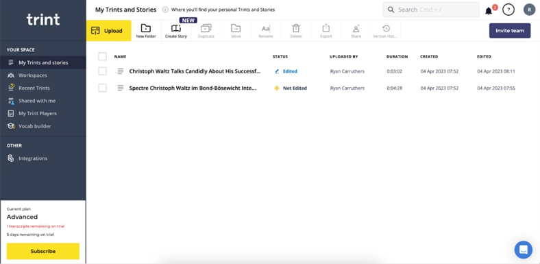 upload file for transcription trint
