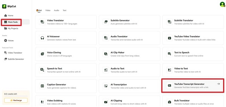 blipcut youtube transcript generator feature