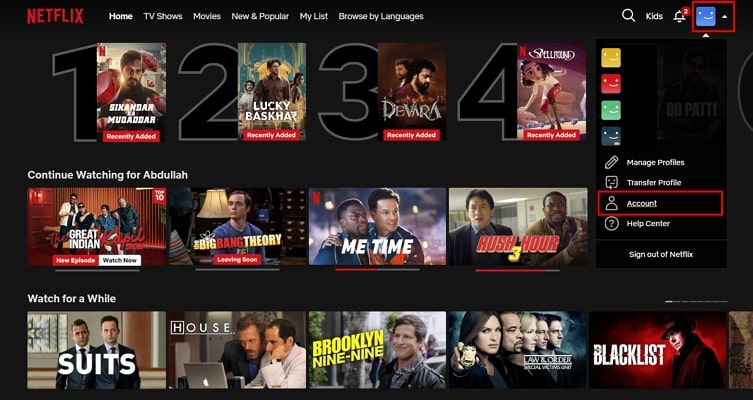 open account settings in netflix