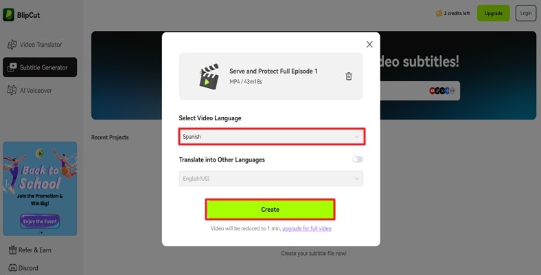 select video language and hit create