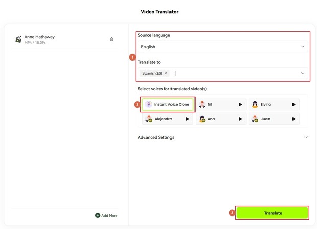 set translation and voice cloning preferences for the deepfake of anne hathaway