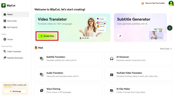 create now translate video blipcut tool