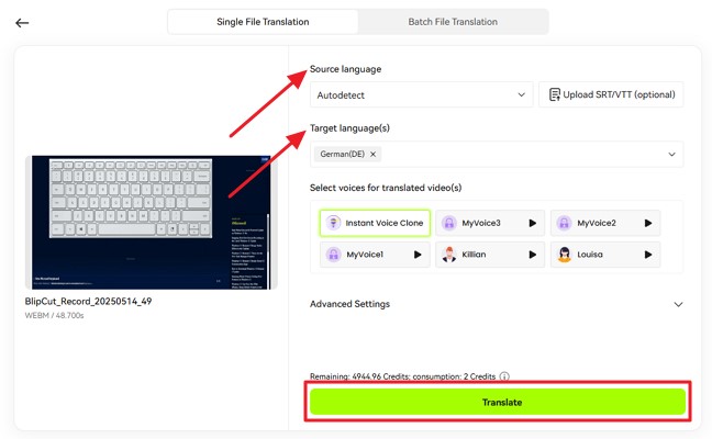 source and target language of video