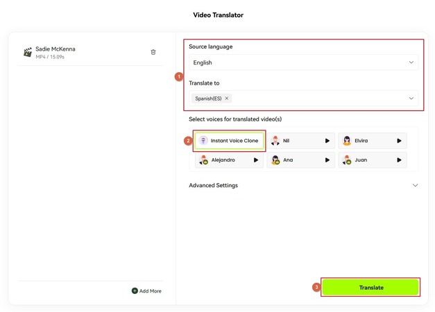 set translation preferences for the cloned voice of sadie mckenna deepfake video