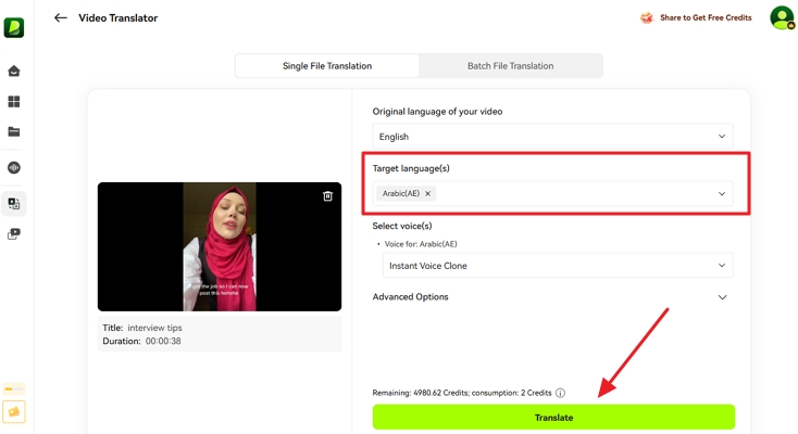 click translate after specifying languages