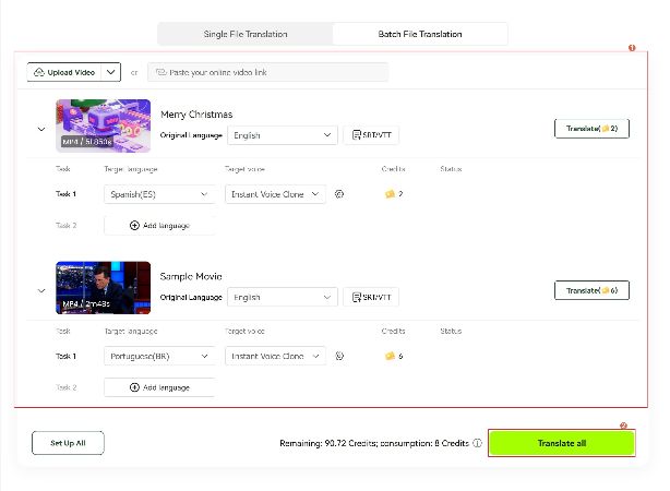 set original and target languages for each video for video localization