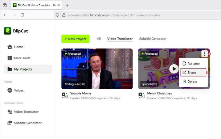 click share to begin sharing after video localization