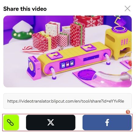 copy the url link or click any of the icons to share after successful video localization