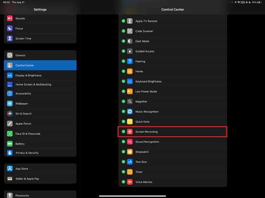 bring screen recording icon control center