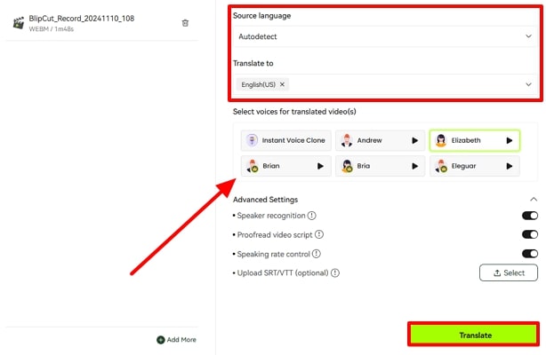 tap translate to add voiceover