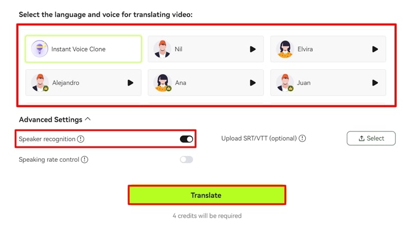 Definieren Sie die Einstellungen für die Videoübersetzung und übersetzen Sie