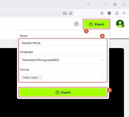 define video name, choose output language, pick video as format, and click export
