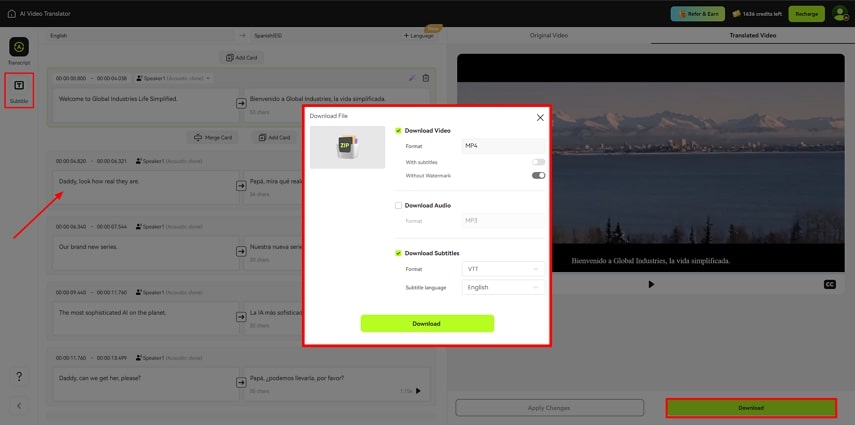 Bearbeiten Sie die generierte Transkription und laden Sie das Video herunter