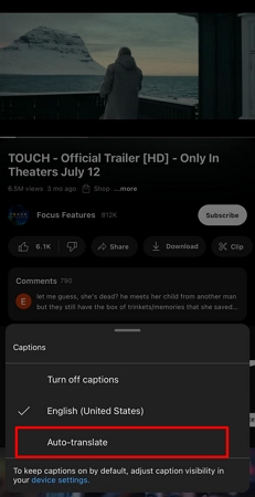 open auto translate feature on youtube app