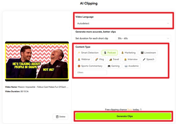 generate clips after choosing content type