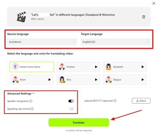 Sprache und Sprechparameter auswählen