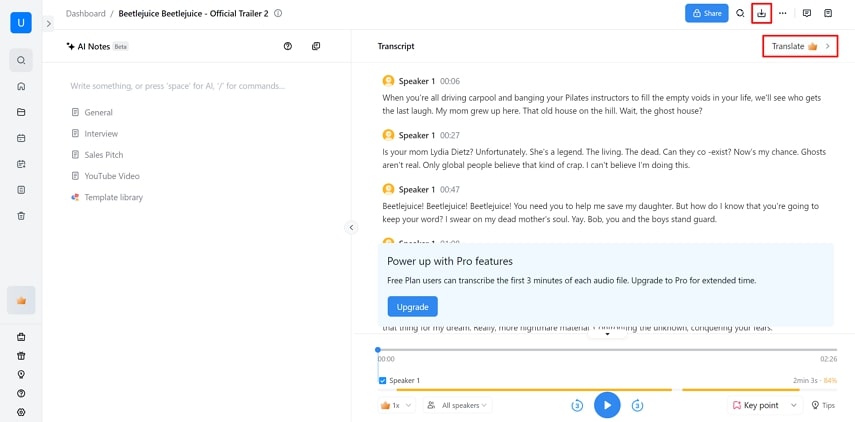 translate or download subtitles notta