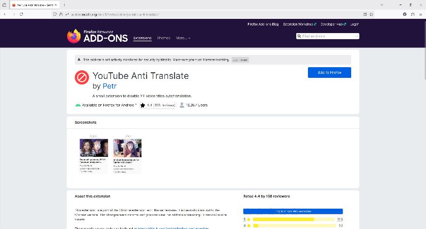 use firefox add-on to not allow youtube to translate video titles